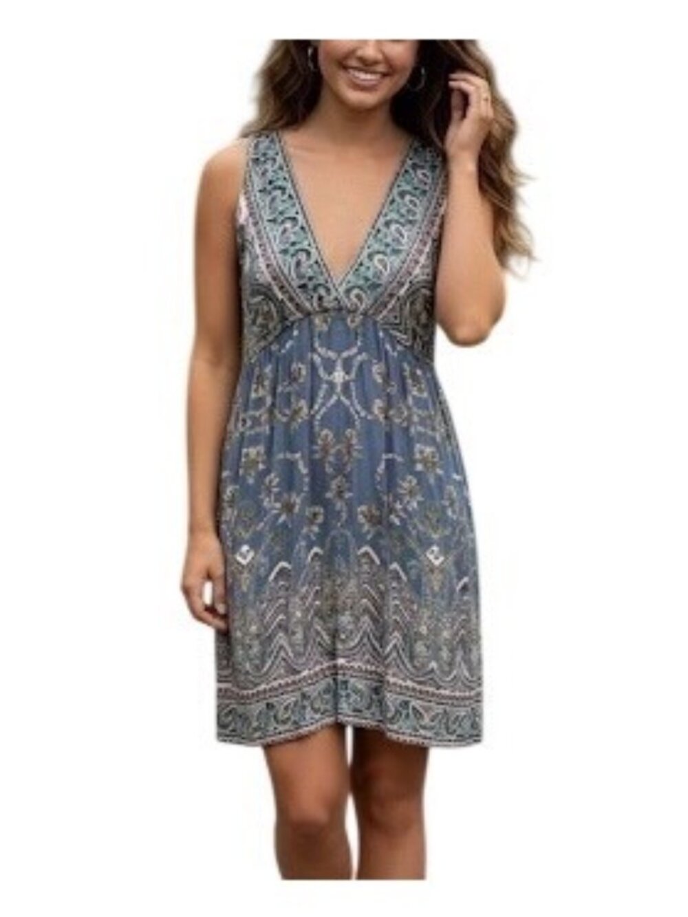 Vintage Angie Paisley V-Neck Babydoll Mini Dress Tunic M| Boho Cottagecore Indie